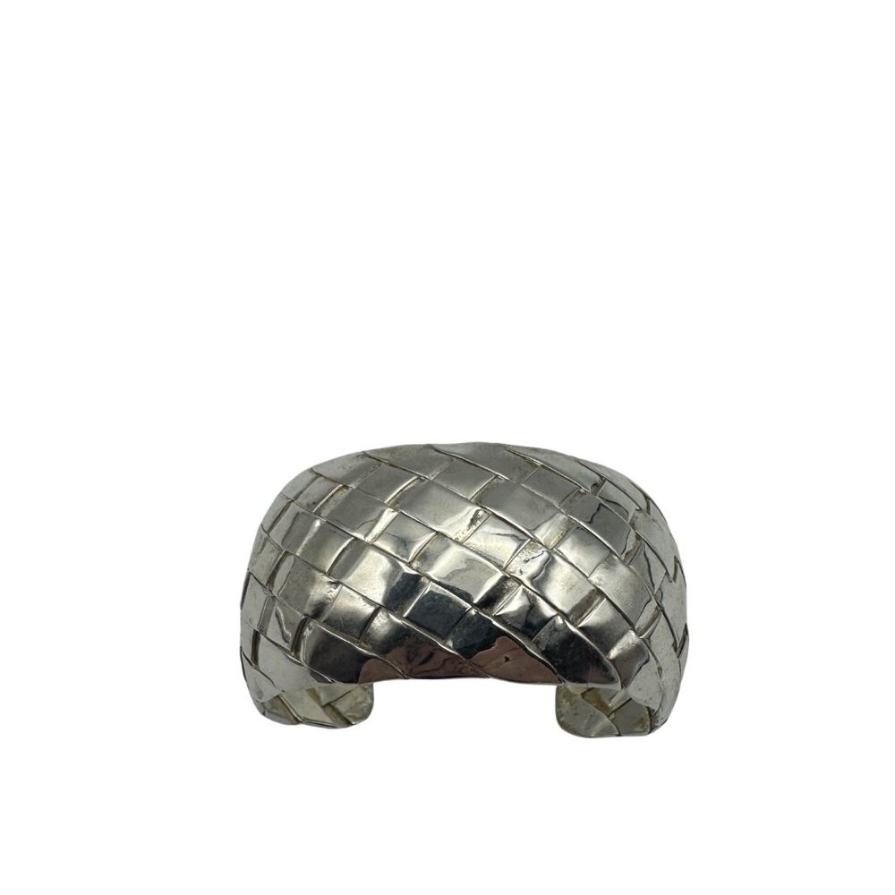 Wide Cuff Bracelet Silver-Tone Textured Woven Design Open Size Adjustable